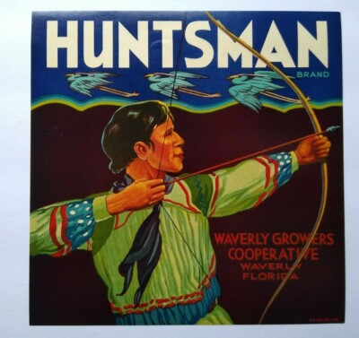 Huntsman Brand Fruit Crate Label Original 1940s Cranes Bow & Arrow Waverly FL 