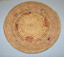 Vintage Coiled Woven Basket Bowl Tray Southwest Style Some Fabric Pieces 15 1/2”