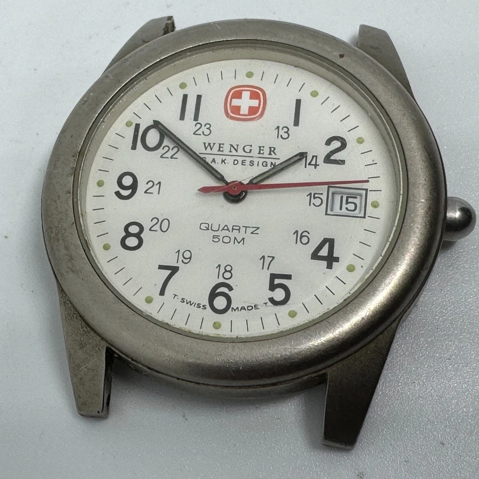 Винтажные швейцарские кварцевые мужские часы Wenger SAK 50 м серебристо-белые ~на запчасти для ремонта - Изображение 2 из 4