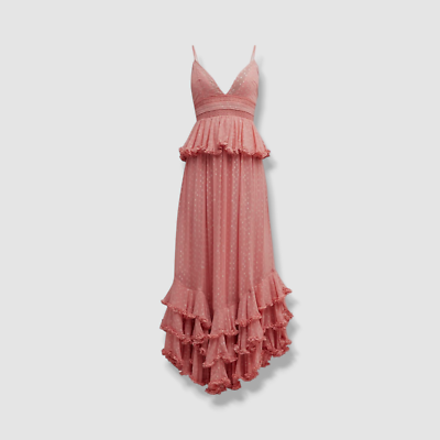 $499 Rococo Sand Women's Pink Metallic Dot Tiered Ruffle Maxi Dress Size L  | eBay