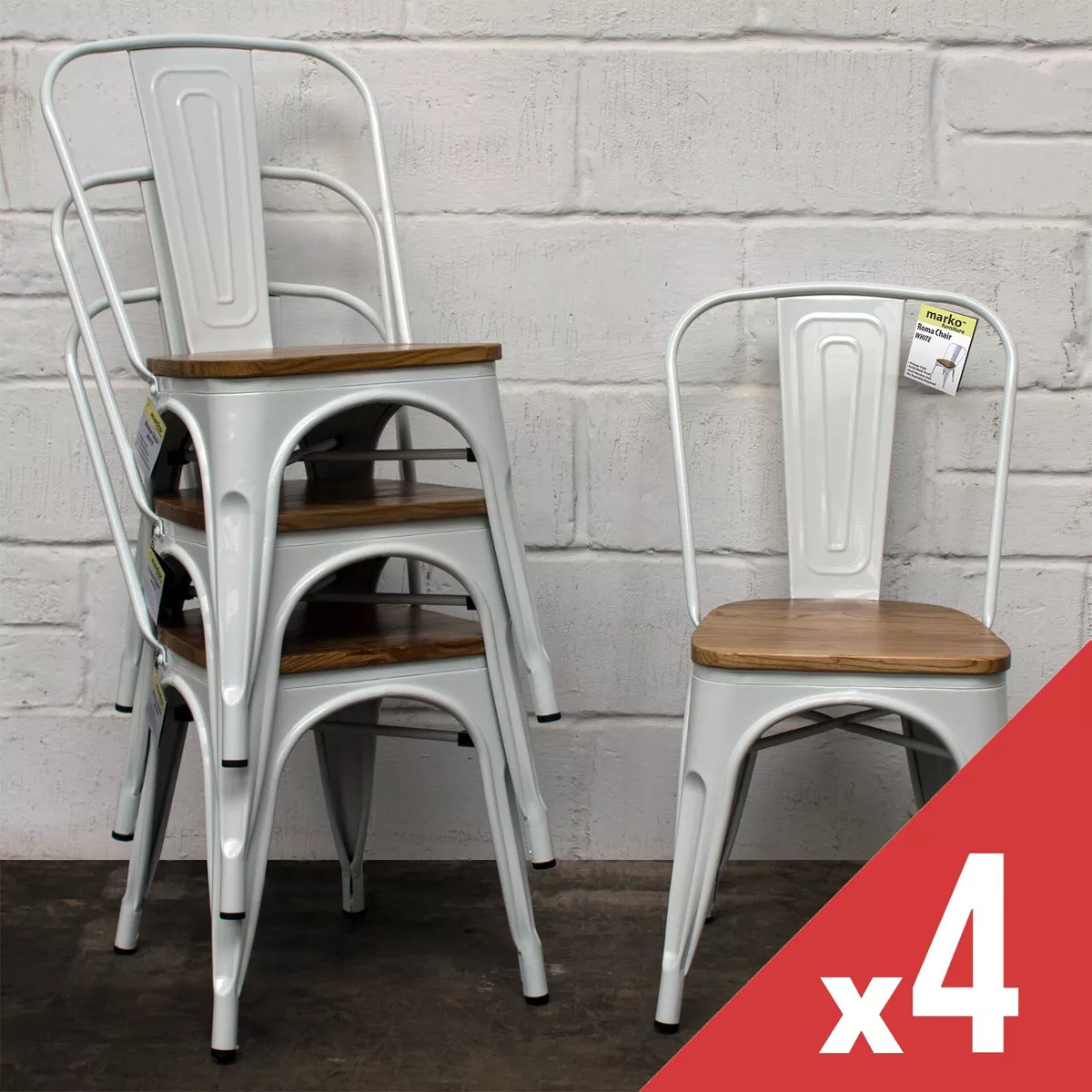 METAL CHAIR SET OF 4 WOOD TOP STACKING DINING INDOOR OUTDOOR WHITE STOOL SEAT
