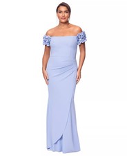 Xscape Off Shoulder Gown 8 Blue Ruched Ruffle Sleeve Stretch NWT 299