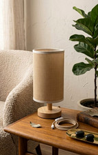 Pre Owned Modern Beige Fabric Cylinder Shade Table Lamp Natural Wood Base