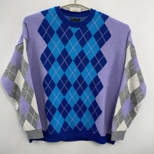 Asos Design Argyle Sweater Crew Neck Knit Preppy Oversized Purple Blue Mens XL