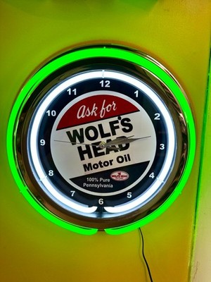 Wolf's Head Oil Gas Service Station Garage Man Cave Neon Style LED Clock Sign