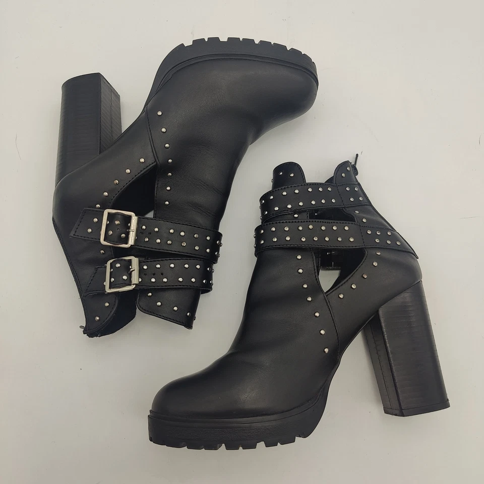 Bota de tornozelo feminina Steve Madden Frank Studs fivela recorte plataforma salto bloco 11M - Imagem 3 de 4