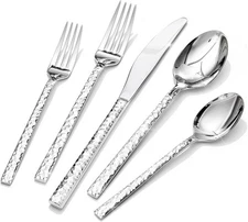 KINGSTONE 60 Piece Hammered Silverware Set, 18/10 Stainless Steel Flatware Se