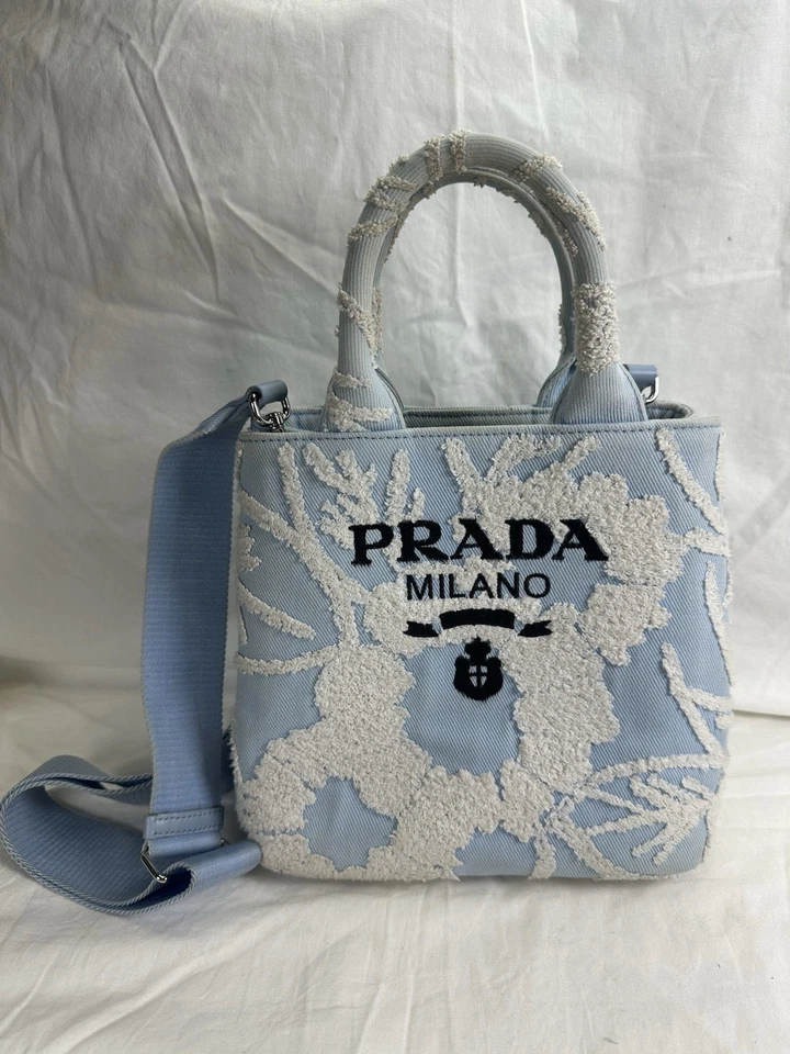 Authentic Prada Light Blue & White Terry Cloth Floral Mini Tote Bag Certificate - Image 2 of 4