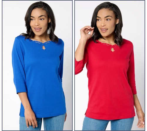 Quacker Factory Set of 2 Sparkle Keyhole 3/4 Sleeve Tops Royal RubyRed S New
