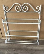 VINTAGE METAL BATHROOM SHELF TOWEL RACK Glass Shelves White Painted