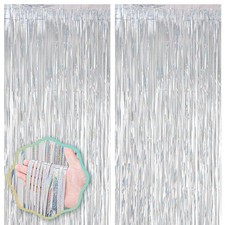 Laser Silver Foil Fringe Backdrop Curtains 2 Pack Tinsel Streamers Party