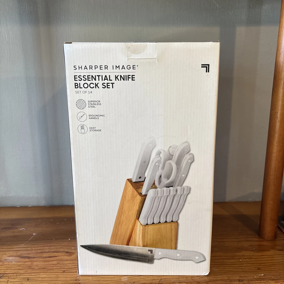 Nuevo Juego de Bloques de Cuchillos Imagen Más Afilada 14 Piezas Alta Calidad Acero Inoxidable Madera Blanco Foto 3 de 4
