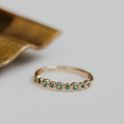 14K Gold Emerald Milgrain Bezel Half Eternity Band Ring | May Birthstone Gift
