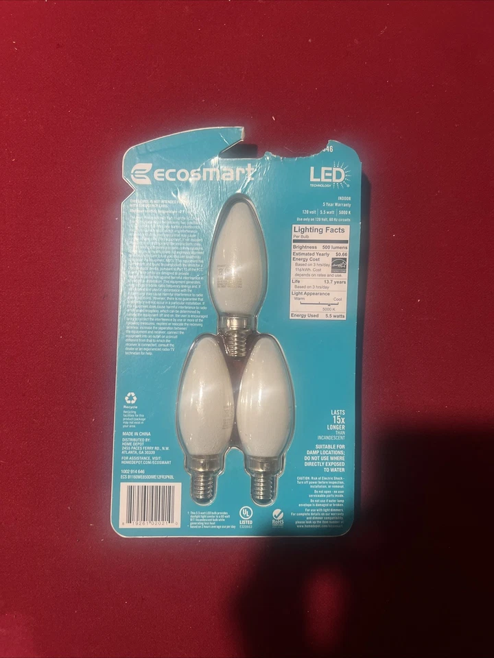(3) NEW EcoSmart 60w Dimmable LED Daylight 5000K B11 Bulb Candelabra E12 Frosted - Image 2 of 2
