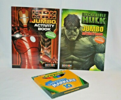 LOT 2 Jumbo Activity Books + Markers Incredible HULK + Iron MAN Stickers 2009