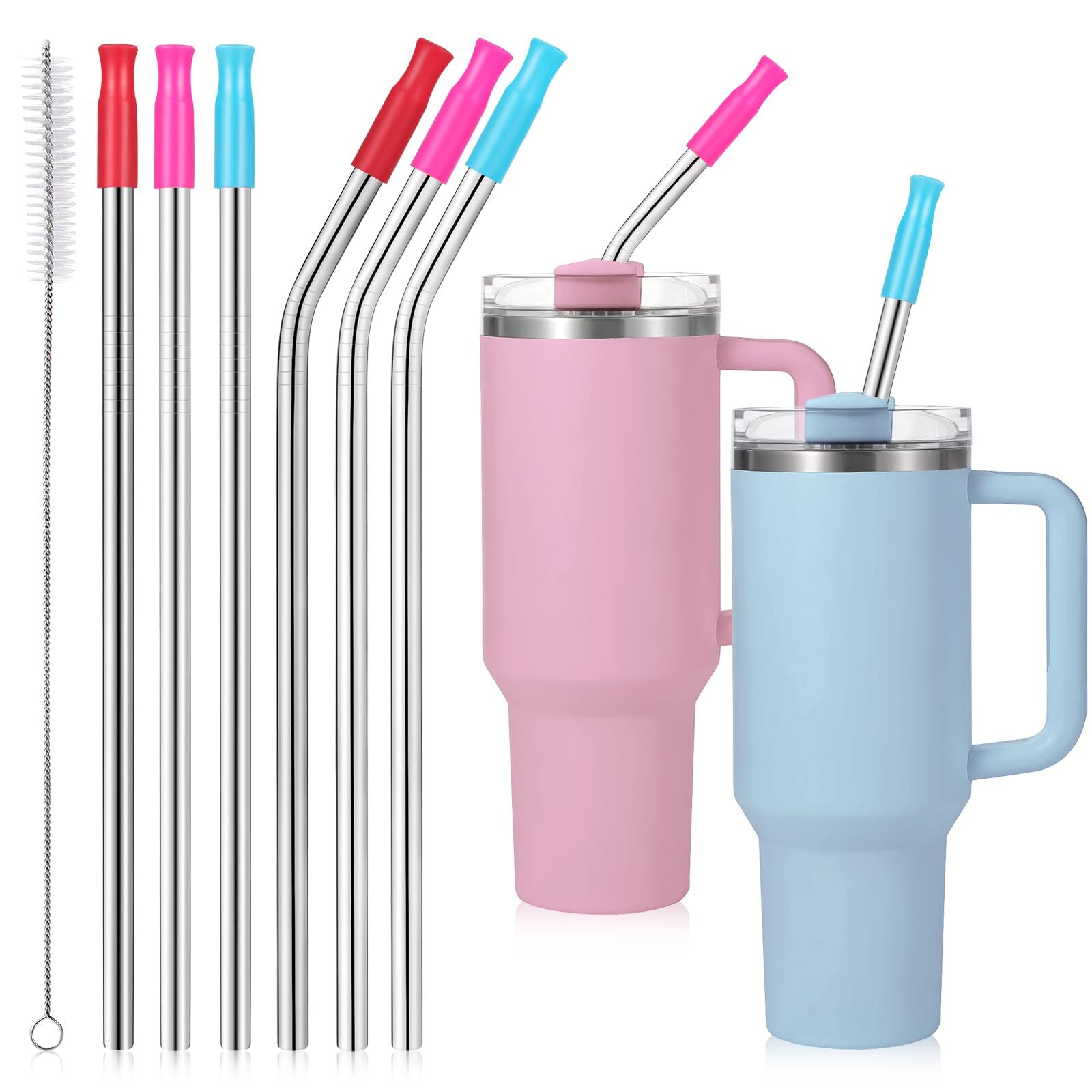 6 Pack Stainless Steel Metal Straws with Silicone Tips for Stanley Cups