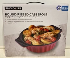 Frigidaire Round Ribbed Casserole 8.5" Stoneware Dish, Non-Stick, Thumb Grips