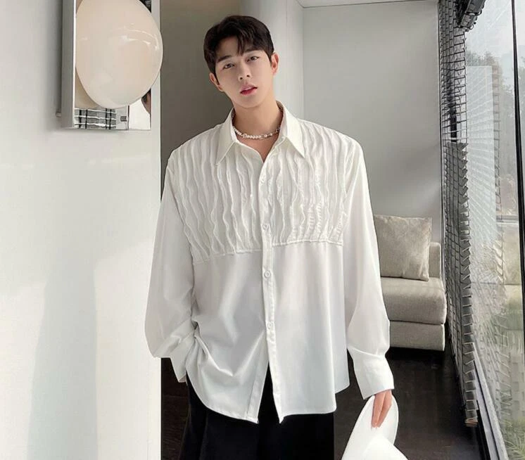 Men s Fashion Ruched Long Sleeve Loose Dress Shirt Youth Casual