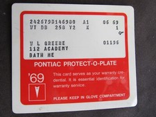 69 1969 Gto Convertible Manual Shift Pontiac Original Protect-o-plate Card