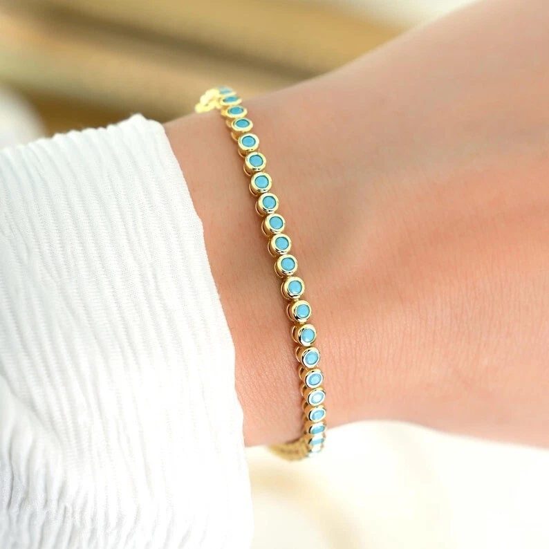 3mm Round Cut Lab-Created Turquoise Bezel Tennis Bracelet 14K Yellow Gold Plated - Image 4 of 4