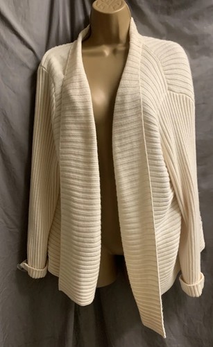 Cream Merino Wool Mix Ribbed Knit L - XL Ribbed Open Long Sleeved Cardigan Top - Picture 18 of 18