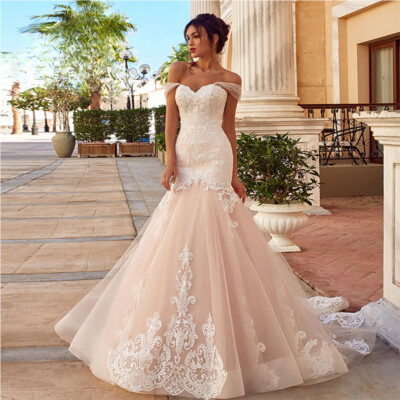 Mermaid Wedding Dress Off Shoulder Backless Applique Bead Tulle Bride Gown Train