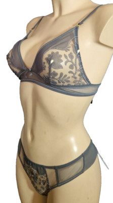 VALERY LINGERIE RT9 Bralette BH SET Ital.2 Gr.75B UK34B + String S 38 Mesh Grau