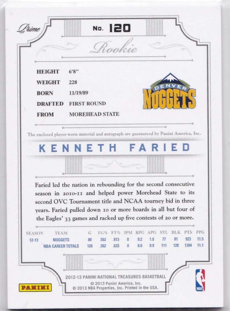 Kenneth Faried 2012-13 Panini National Treasures RC Patch Auto 1/199 First 1/1
