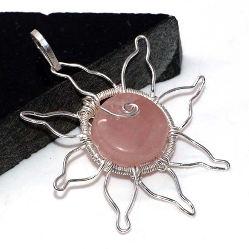 Rose Quartz Wire-Wrapped Round Gemstone Pendant 3" Modern Gifts GW