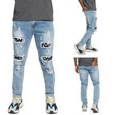 Victorious Men's Casual Distressed Bandana Paisley Patched Skinny Jeans DL1310