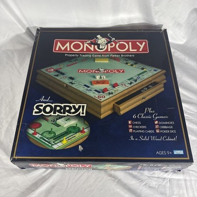 MONOPOLY SORRY Plus 6 Classic Games Tabletop Solid Wood Cabinet - Incomplete