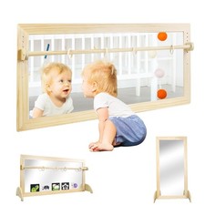 Montessori Mirror with Bar, Adjustable Wood Baby Pull Up Bar, Floor  Wall Sh...