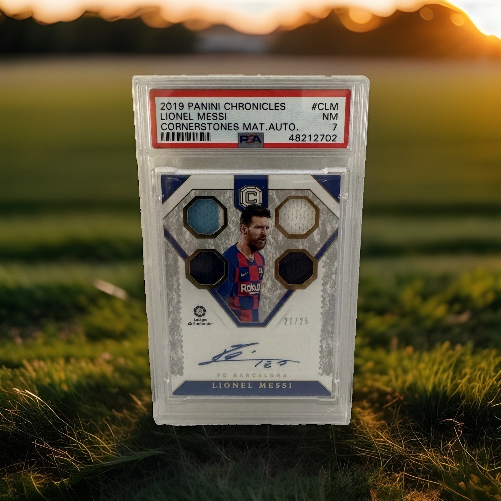 Lionel Messi 2019 Panini Chronicles FC Barcelona #CLM Quad Patch Auto /25 PSA 7