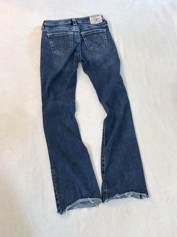 True Religion Bootcut Jeans Mid Rise Blue Denim Distressed Embroidered Raw Hem