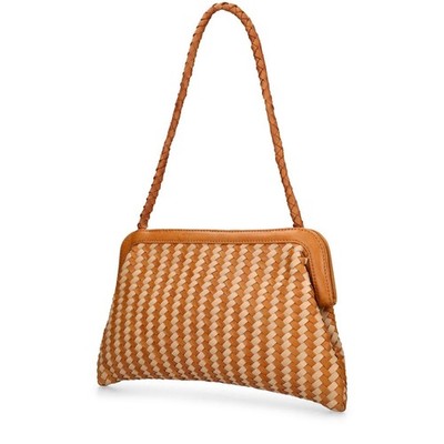 Bembien Le Sac Woven Leather Shoulder Bag Tan Cream Chevron Pattern Frame Top