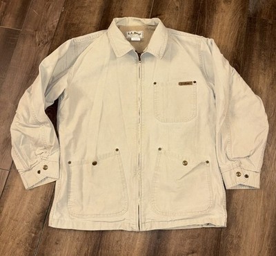 Vtg LL Bean Jacket Mens Small Beige Bomber Full Zip Flight Canvas USA Heavy Work