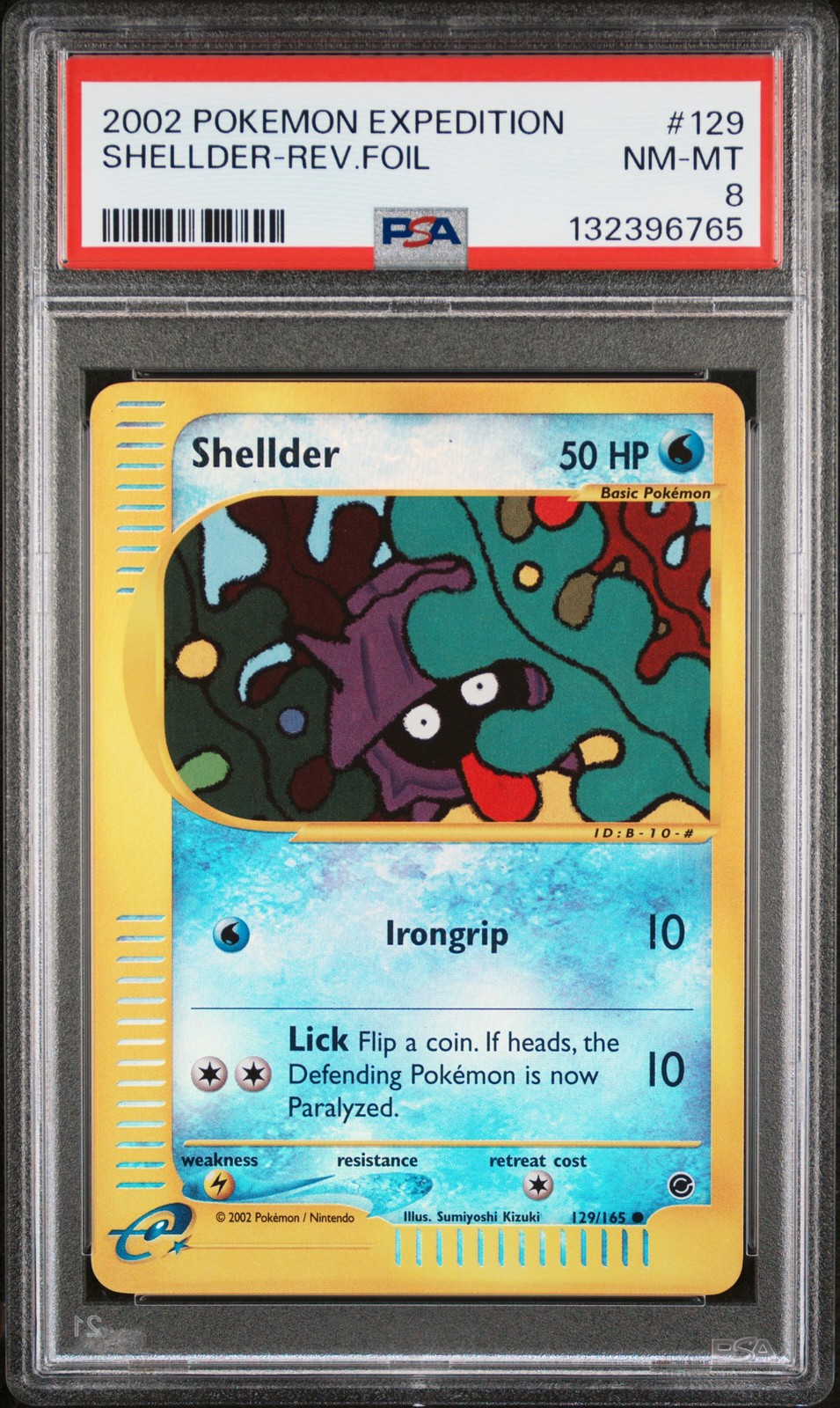 2002 POKEMON EXPEDITION #129 SHELLDER-REVERSE FOIL PSA 8