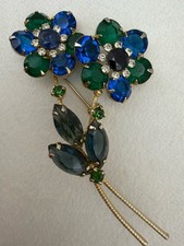 Vintage Rhinestone Flower Brooch Blue Green Gold Tone Pin