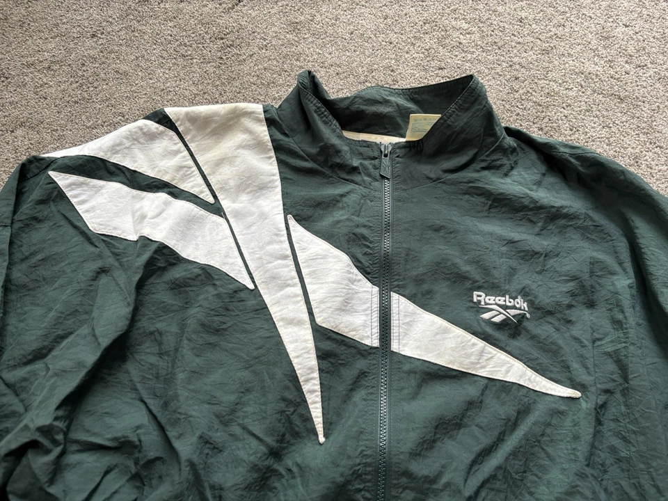 Chaqueta deportiva vintage Y2K Reebok para hombre XL cremallera completa verde blanca años 2000 Preppy deportiva Foto 3 de 4