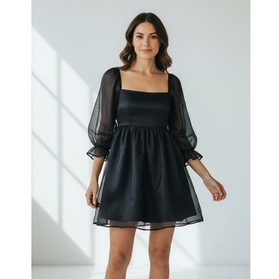 THIRTY THIRTY LA Babydoll Mini Dress XS Sheer Lined Black Smocked Dark Romantic