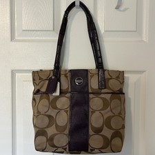 Coach Signature Striped Satchel With Patent Leather Trim Purple Bag