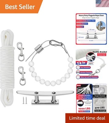 Complete Flagpole Rope Kit - 50 Feet with Heavy Duty Swivel Clips and Cleat Hook