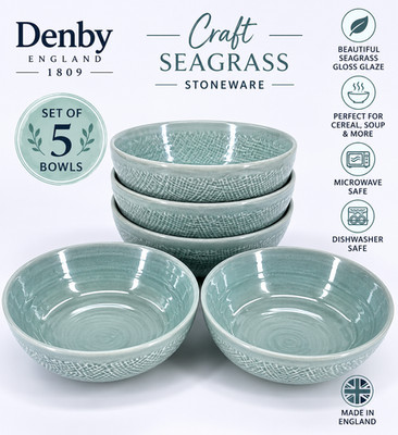 Denby Craft Seagrass Green Set of 5 Cereal Soup Bowls Stoneware Textured