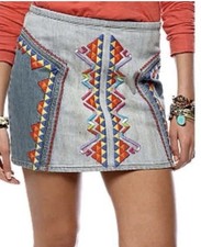 Free people denim embroidered Aztec skirt size 6 festival Boho Embroidered