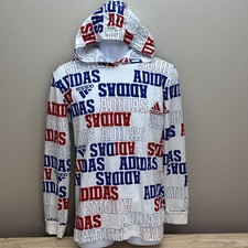 Adidas Hoodie Shirt Youth XL White Red Blue All Over Logo Long Sleeve Graphic