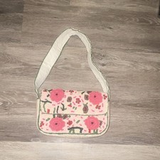 Beaded Floral Cream Shoulder Bag with Pink Accents and Snap Closure