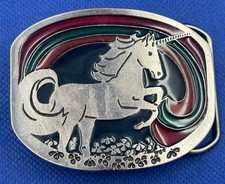 Vintage Unicorn in Clover Field, Colorful Rainbow Inlay Belt Buckle Collectible