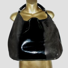 TRE VERO Suede/Patent Leather Handbag Hobo Shoulder Lg Slouch Black Top Handle