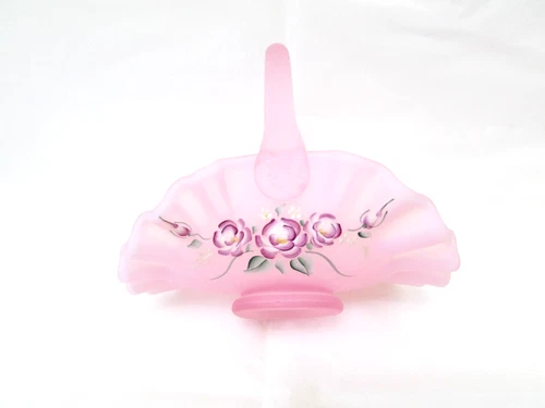 Light Pink Satin Glass Miniature Fenton Basket Signed