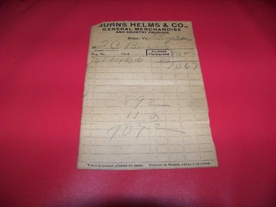 1914 Burns Helms & Co General Merchandise Country Produce Bolar Virginia